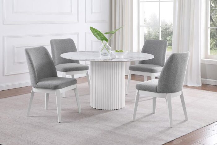 Acadia Dining Room Collection. Available in two chair colors, Beige and light grey.