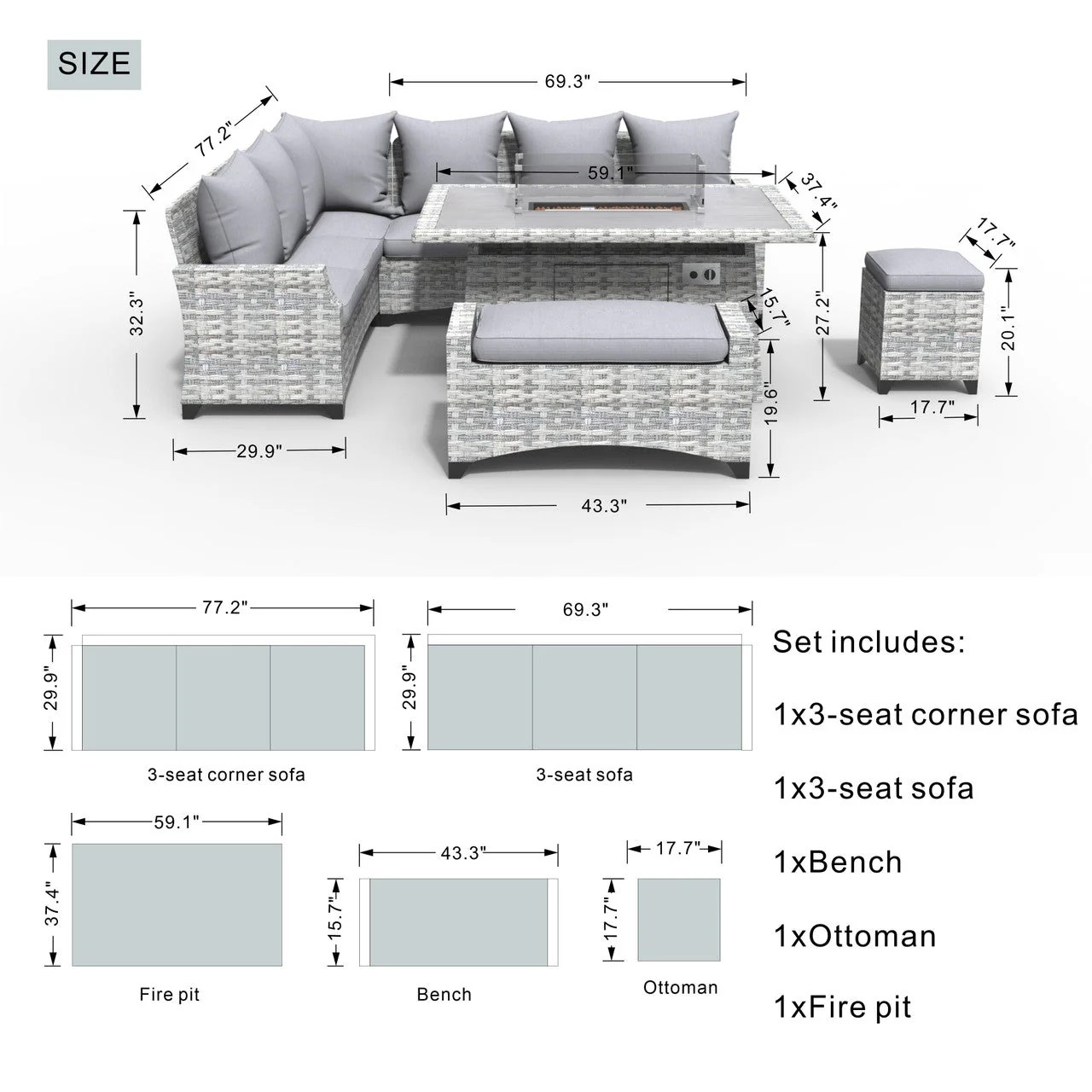 5 Piece Wicker Sectional Fire Pit Set - Image 2