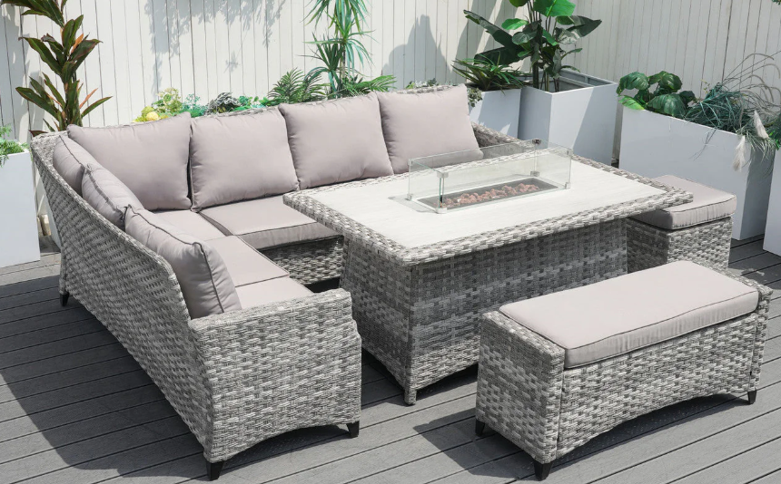 5 Piece Wicker Sectional Fire Pit Set